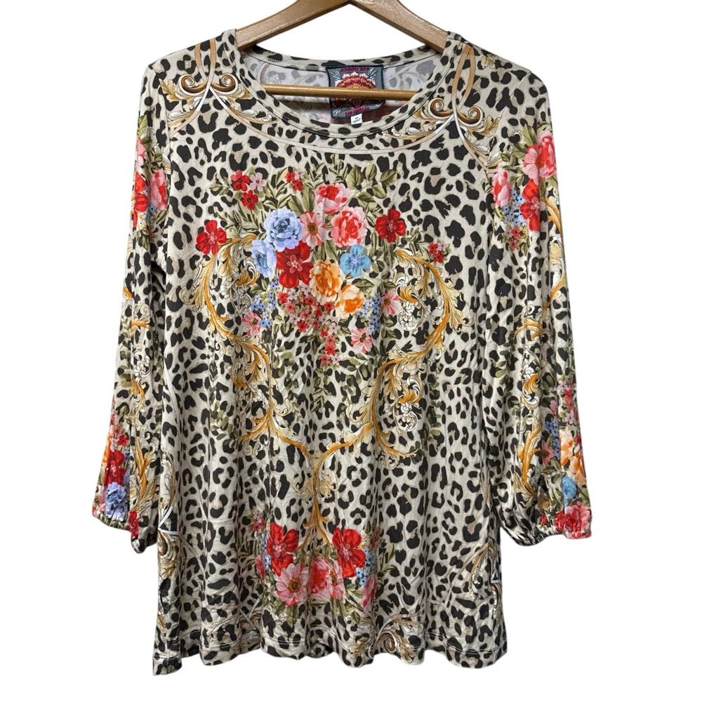 Johnny Was Womens M Cheetah Puff 3/4 Sleeve Top Floral Baroque Print Boho Whimsy
